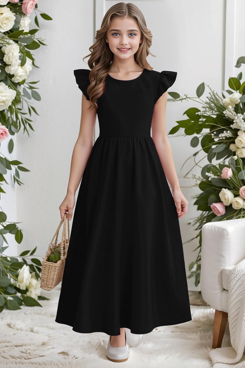 Girl's Dress Summer Boho Floral Flutter Sleeve Party Casual A Line Vacation Maxi Dress 9-14 Years - Image 3