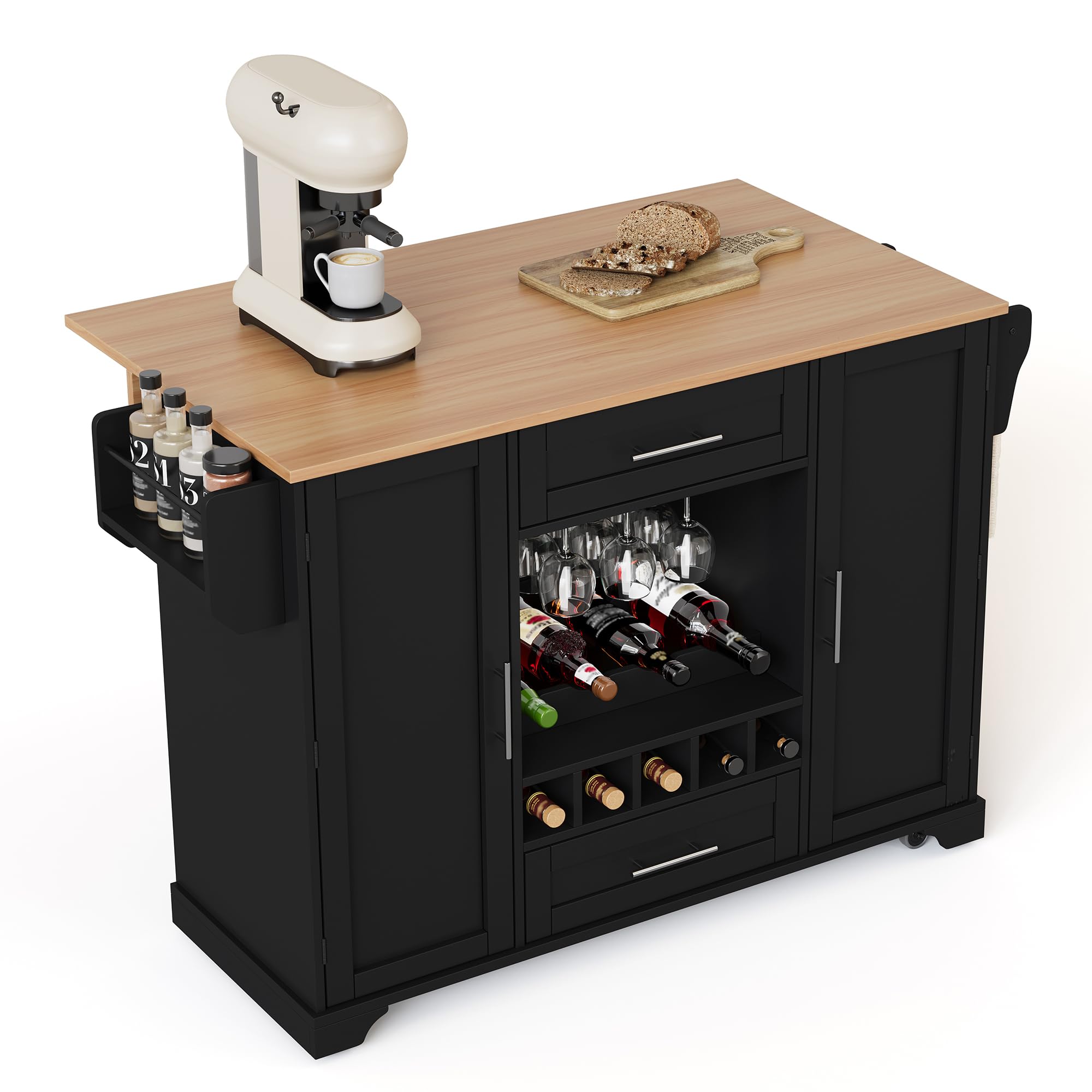 Shye Carrello da cucina su ruote con piano di lavoro pieghevole, scaffale per vino, porta bicchieri, portaspezie e portasciugamani, 120 x 45/70 x 92 cm, nero e naturale, carrello da portata