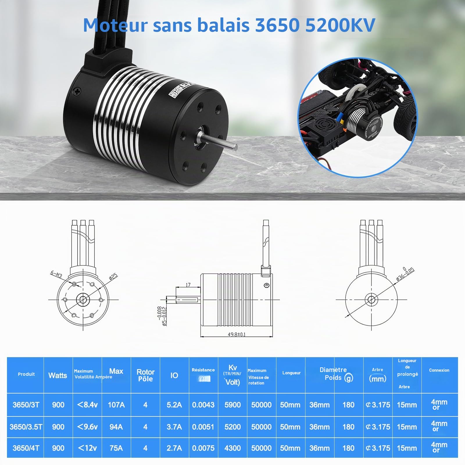 Moteur sans balais de voiture RC 1/10, 540, 3650, 5200KV, 3,175 mm, moteur étanche à haute vitesse, pour la plupart des pièces de mise à niveau de camion RC à l'échelle 1:10