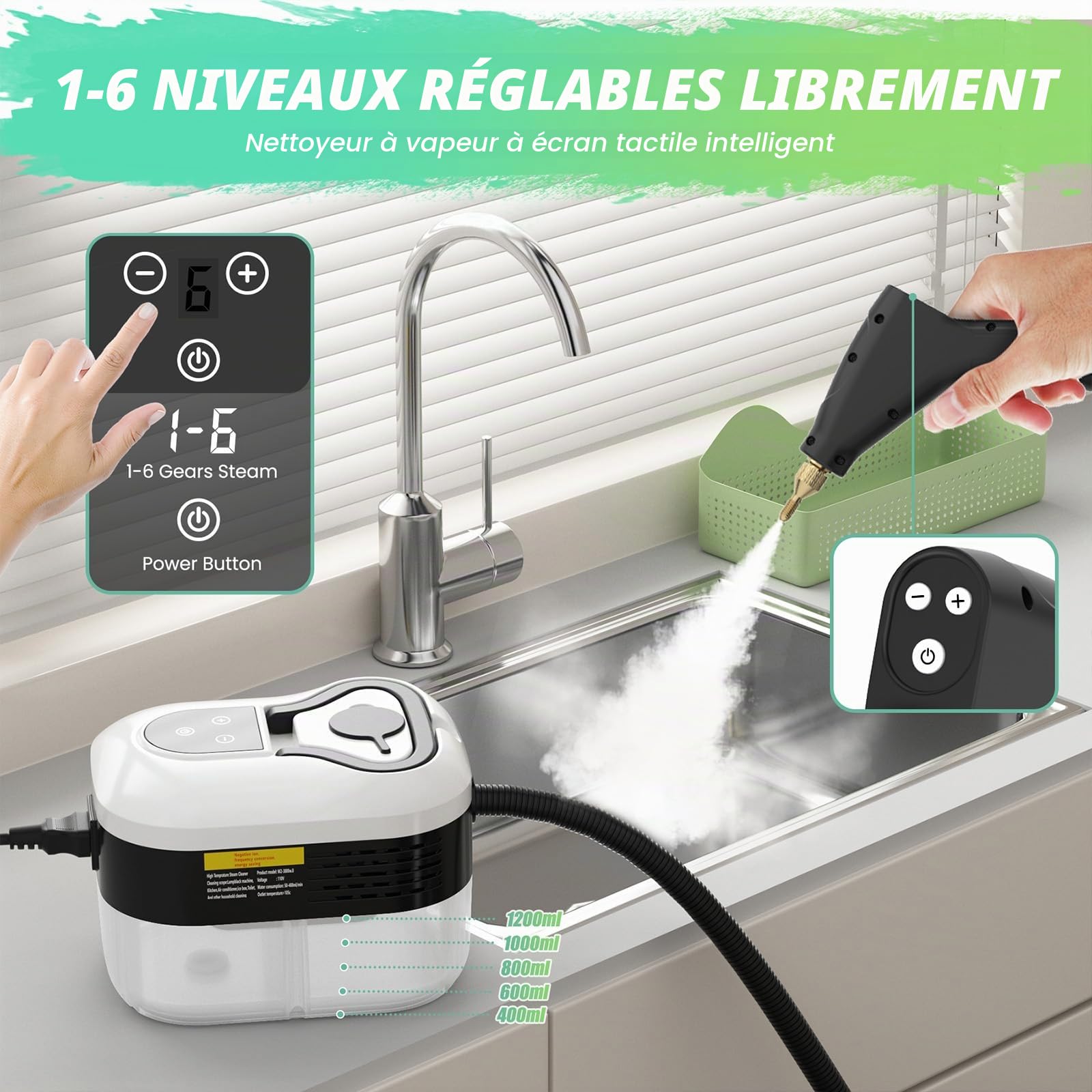 Nettoyeur Vapeur 2500W – 3 Bars, Chauffage 15S, Nettoyeur à Vapeur à Main avec Bouton Tactile Réglable, 4 Têtes de Brosse, Poignée Réglable 3 Niveaux, pour Cuisine, Salle de Bain, Voiture et Carrelag