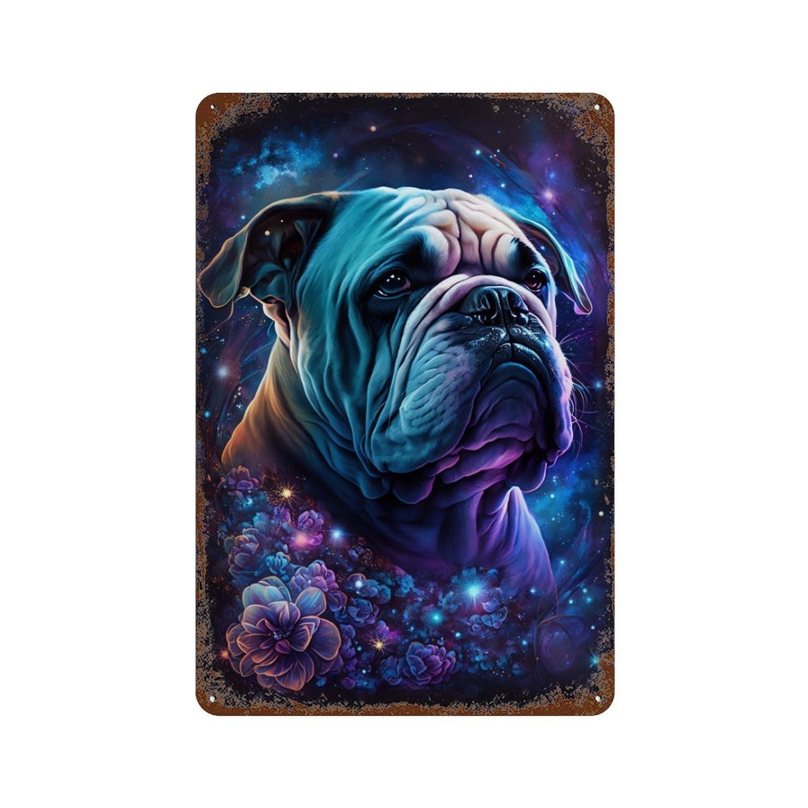 Rust Effect Galactic Bulldog with Flowers -1 Weathered Tin Sign 11.8"x7.9", Farmhouse Wall Decor for Farmhouse, Kitchen And Entryway Decor