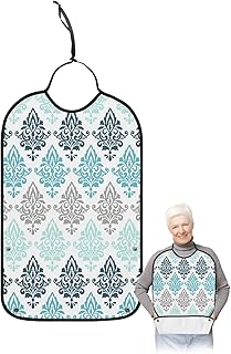 Kewadony Adult Bibs for Elderly Women - Aqua Floral Waterproof Dining Clothing Protectors with Crumb Catcher for Eating/Feeding, Teal Ombre Luxurious Pattern Terry Cloth Bib Machine Washable