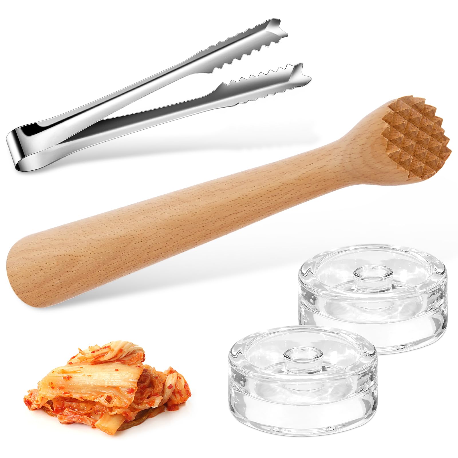 SelfTek Set di 4 pezzi con accessori pestello da 25 cm, 2 pesi per fermentazione, adatto per 7 cm + vetro fermentato, pinza in acciaio inox da 19 cm, accessorio ideale per la cucina come set di base