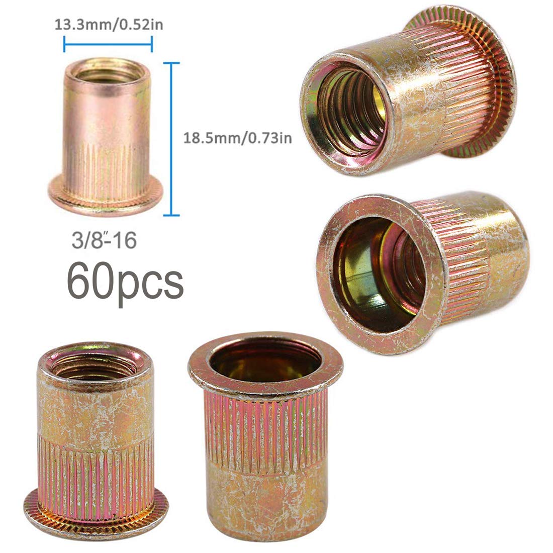 100 Pcs Zinc Plated Carbon Steel Rivet Nut Flat Head Insert Nutsert 3/8