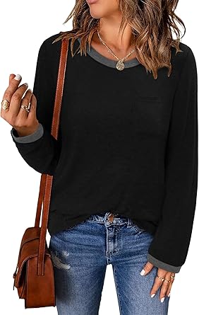 ONLYSHE Women's Casual Striped Long Sleeve Tops Crew Neck Knit Basic Loose Fit T Shirts Fall Fashion Tunic Outfits