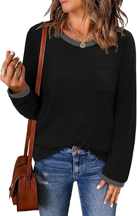 ONLYSHE Women's Casual Striped Long Sleeve Tops Crew Neck Knit Basic Loose Fit T Shirts Fall Fashion Tunic Outfits