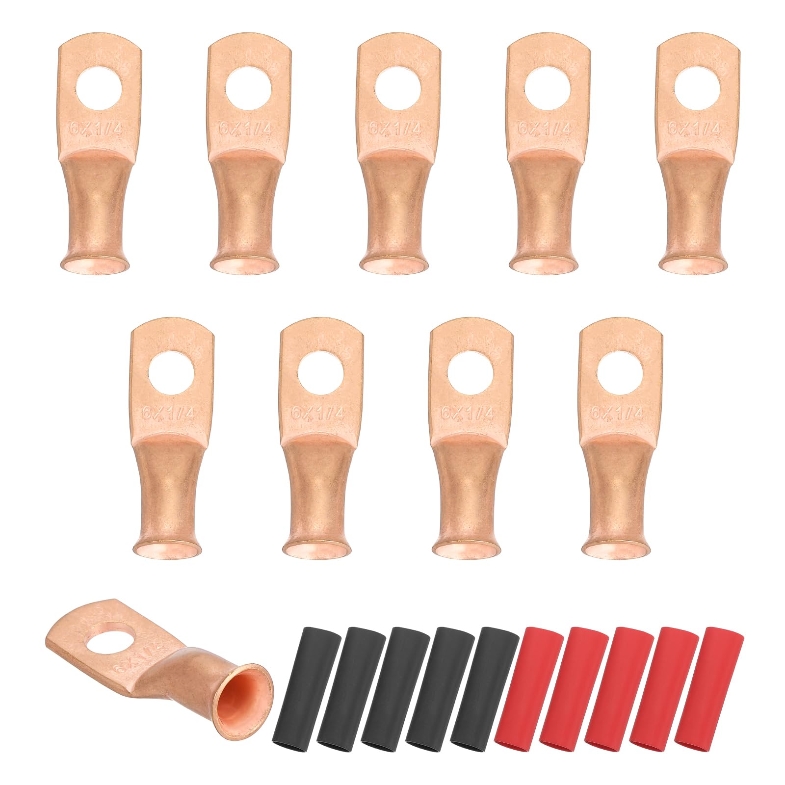 sourcing map 10pcs 6 AWG M6 Battery Lugs Ring Terminals, 1/4" 6mm Stud Crimp Wire Terminal Connector End Copper, 2:1 Heat Shrink Tubing, Gold