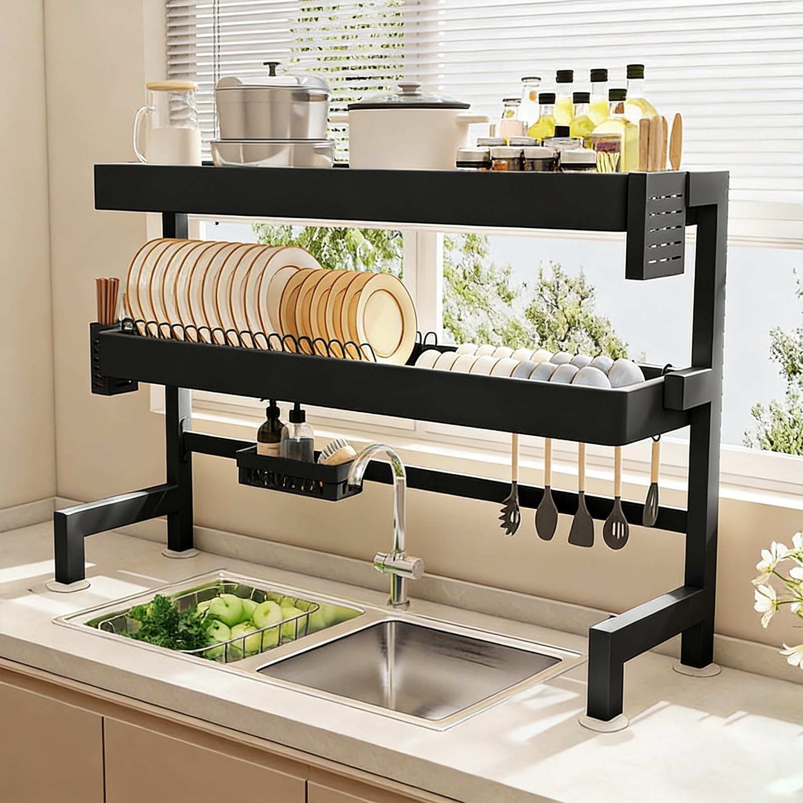 Escurridor de platos, diseño de 2 niveles que ahorra espacio, acero al carbono con soporte extraíble para cubiertos, organizador de secado sobre fregadero para platos, vasos y utensilios
