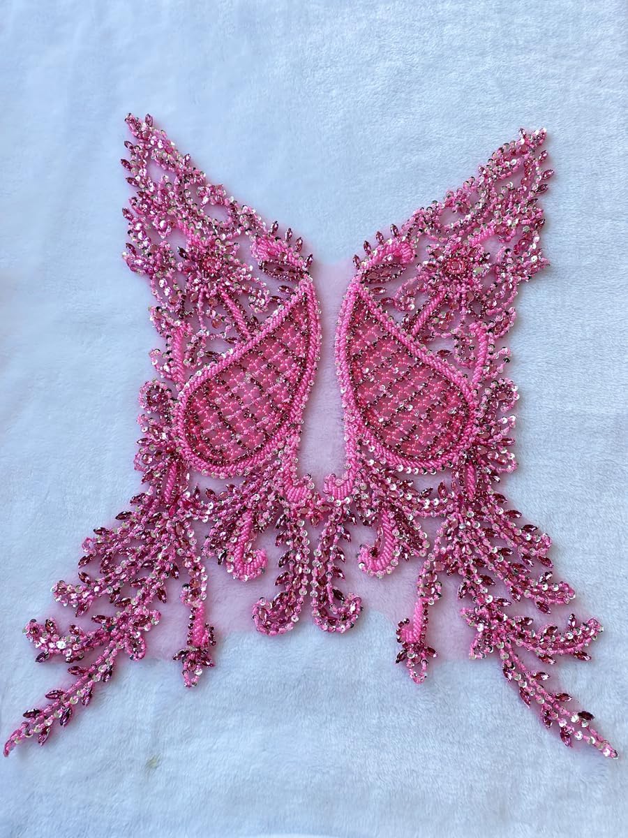 Handmade Rhinestone Applique Sewing Beads Stones Trim Patches for Skirt Accessories 15X22.4inches (Pink)