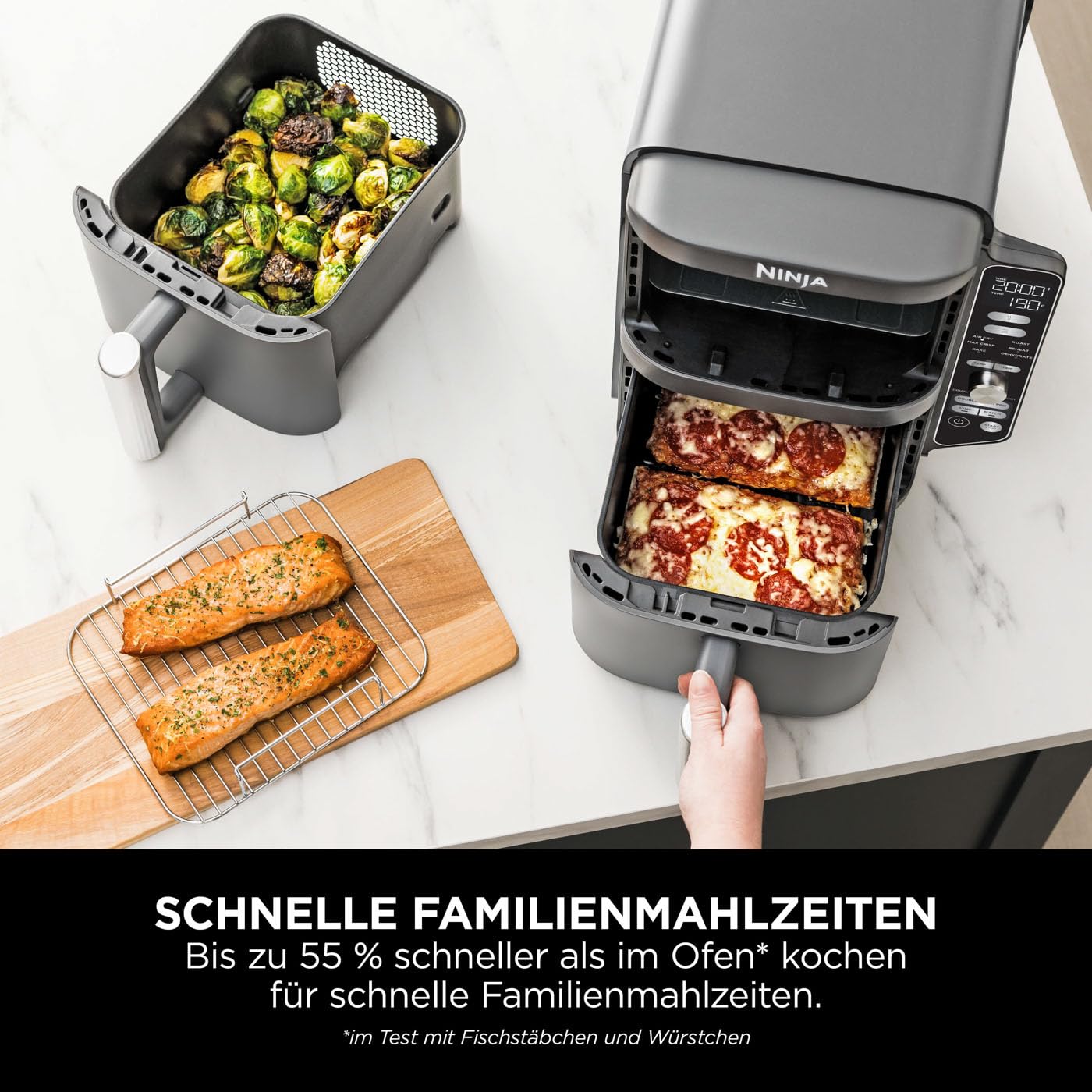 NINJA Double Stack XL Friteuse sans huile, friteuse verticale à 2 tiroirs, 4 niveaux cuisson, 2 tiroirs et 2 grilles, design compact, capacité de 9,5L, 6 fonctions de cuisson, 8 portions, gris SL400EU