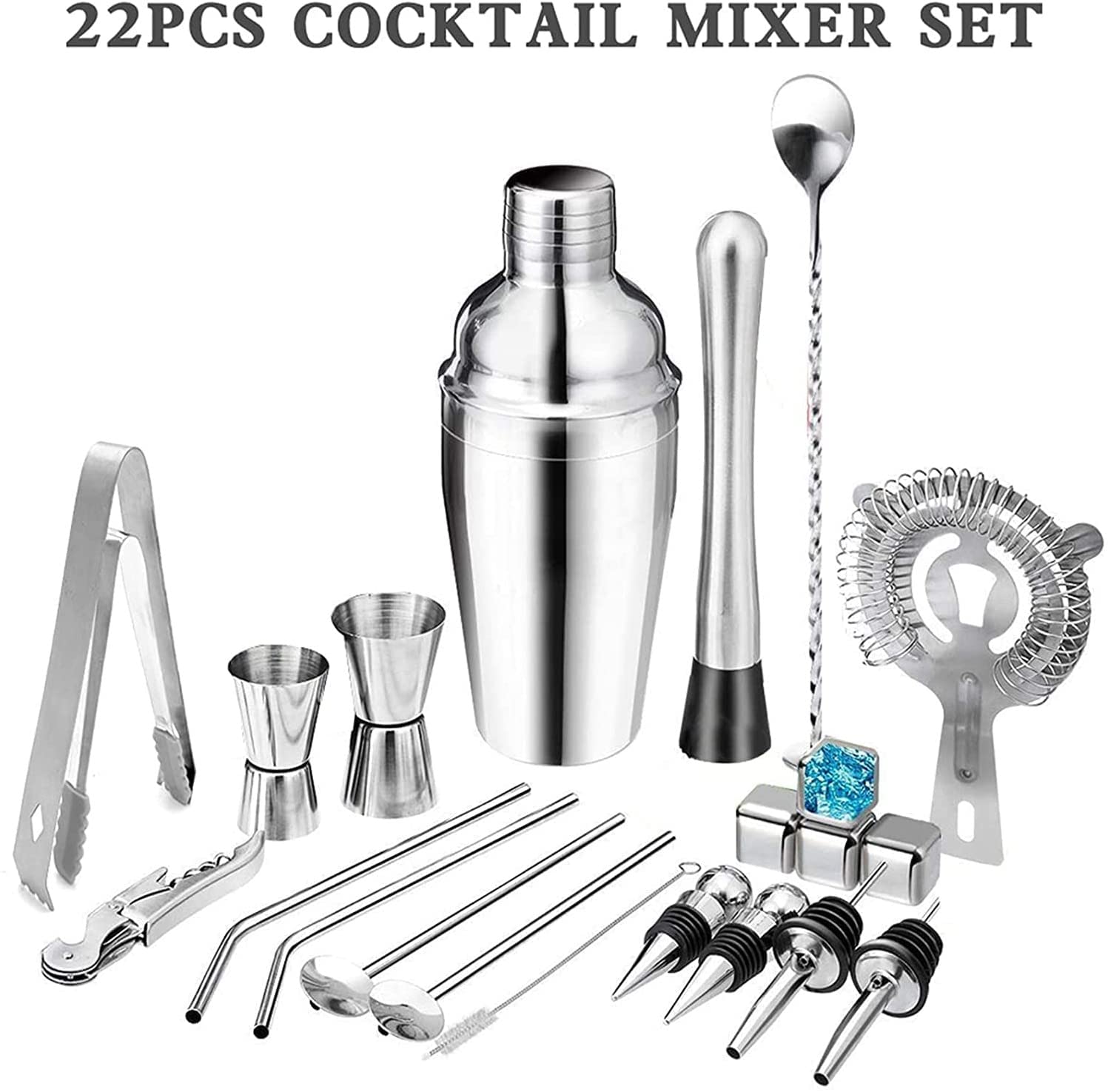 Cocktail Shaker -33 Pieza Kit de barman - Sistema de coctelera de acero inoxidable, herramientas de barra de la barra: Martini Shaker, Muddler, Jigger, mezclando cuchara, coladores, pinza de hie