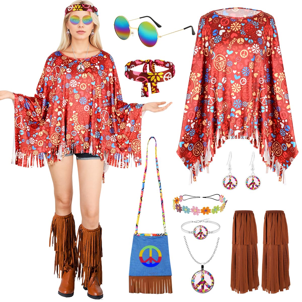 Disfraz Hippie Mujer, Conjunto de Disfraz Hippie Años 60, Disfraces de Hippies para Mujery Otros Accesorios, Hippies Capa Años 70 de Discoteca para Fiestas y Halloween