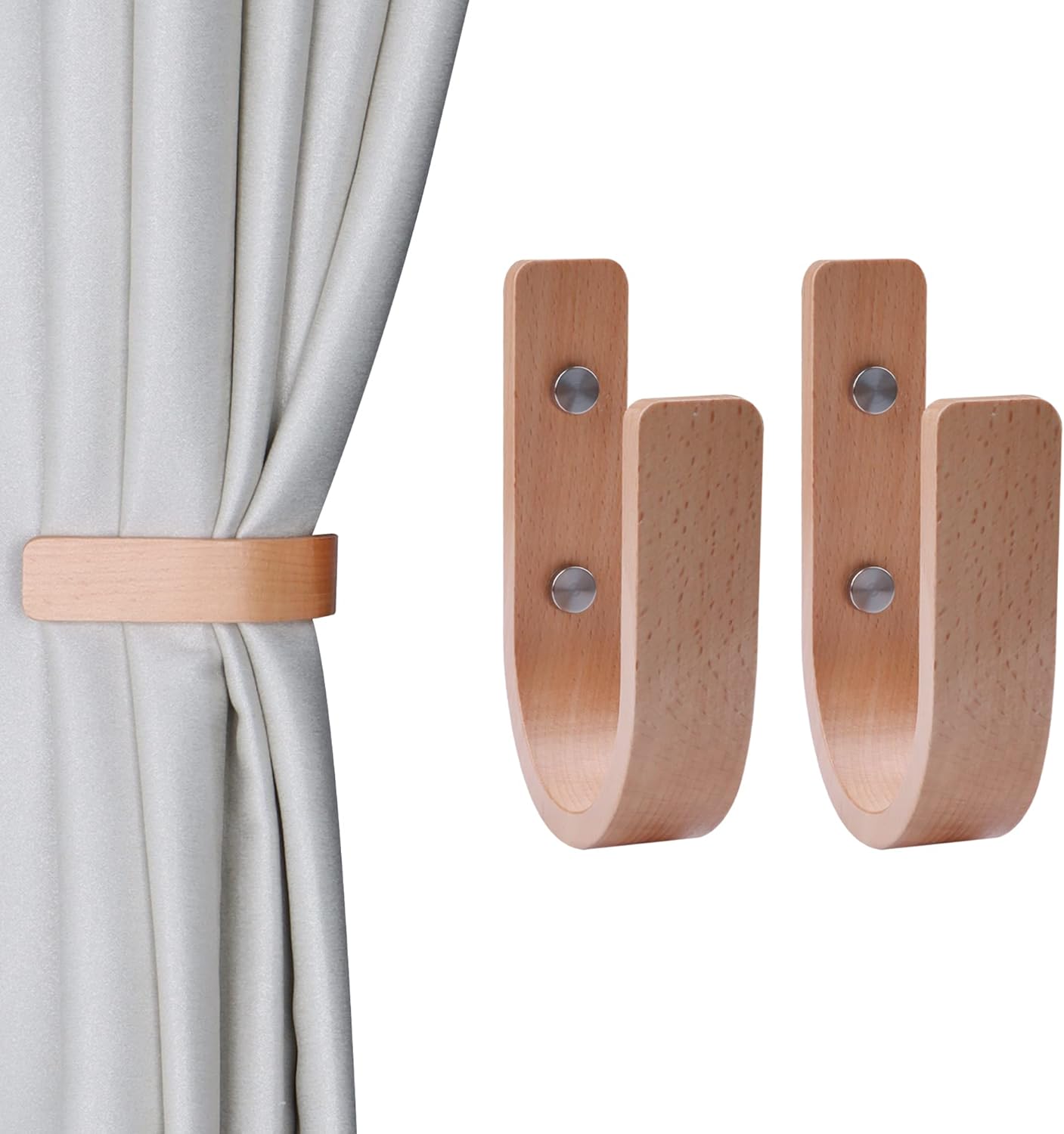 OCIOLI 2 Pieces Curtain Tiebacks Wood Curtain Holdbacks U Shaped Curtain Hooks