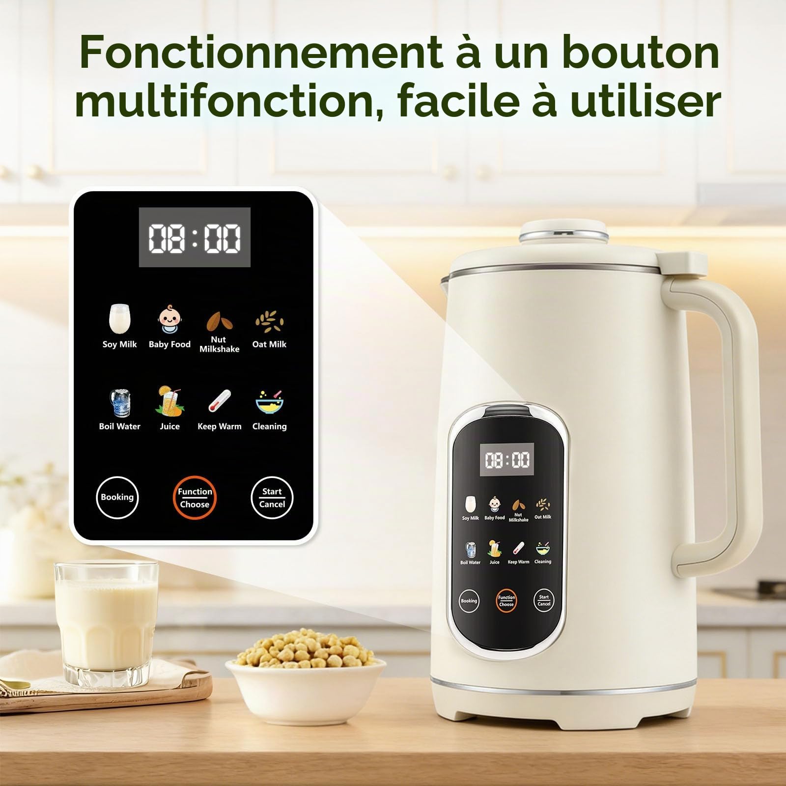 Machine à lait de soja, 1200 ml, automatique, avec 12 lames, affichage LED, fonction de maintien au chaud pendant 8 heures et auto-nettoyage pour lait végétal, soja, lait d'amande, avoine