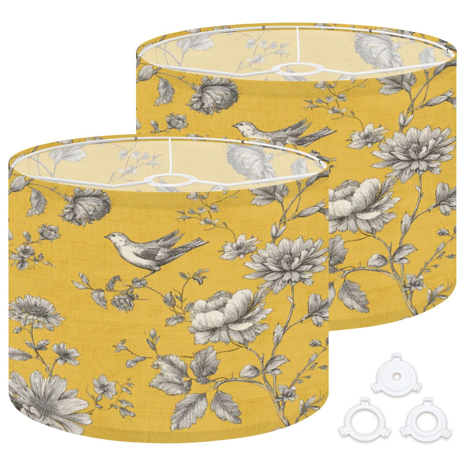 Linen Drum Lamp Shades Set of 2, 13''Wx10"H, Vintage Bird Floral Black White Mustard Yellow Replacement Lampshades for Floor Lamps Table Lamps Modern Farmhouse Lampshade Easy Assembly