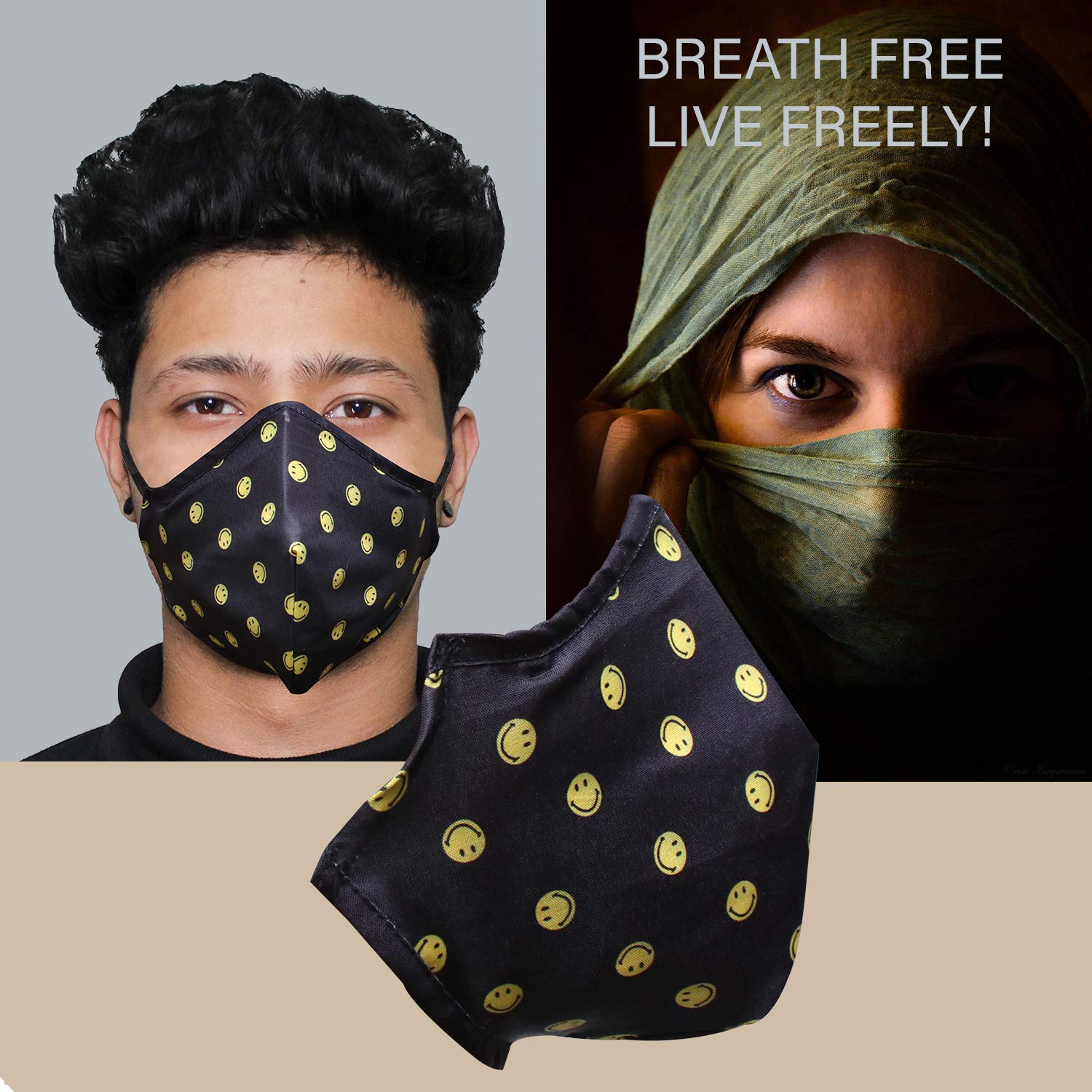 ORILEY ORSM20 Smiley Washable & Reusable Face Mask with 2 Replacement Filter & Adjustable Headloop Elastic Breathable Protective Mouth Cover (10 Pcs) 2