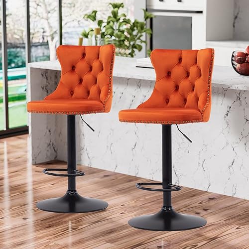 Miniatura 223 de Aoowow Juego de 2 taburetes de bar giratorios ajustables con respaldo de terciopelo copetudo, sillas de bar modernas tapizadas con cabeza de clavo