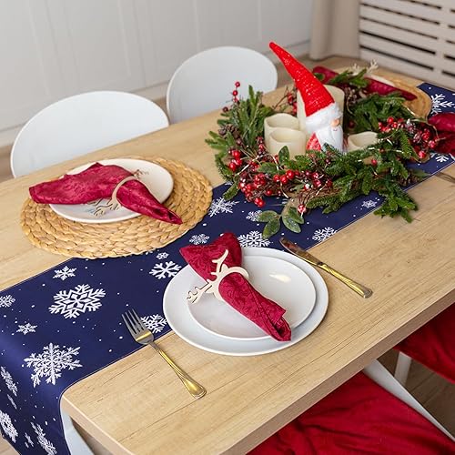 Miniatura 2 de Camino de mesa de Navidad azul de 14 x 72 pulgadas, rústico de copos de nieve, mantel de invierno para interiores y exteriores, decoración de mesa