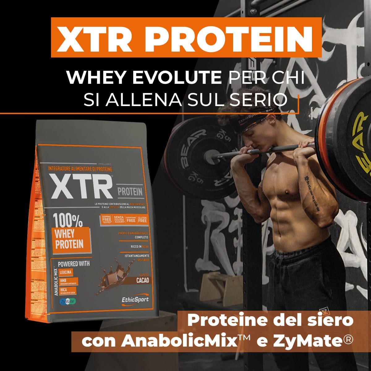 XTR - Proteine Whey EthicSport con AnabolicMix™ e ZyMate – Proteine del siero ad alta digeribilità potenziate con Leucina, HMB, HICA e Vitamina B6 – busta da 900g - Gusto Cacao