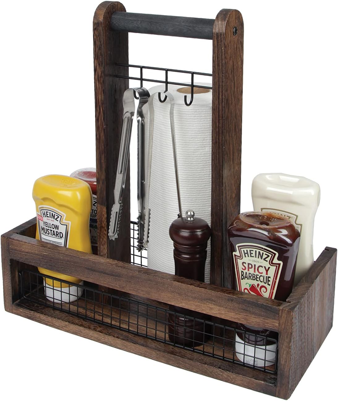 J JACKCUBE DESIGN Rustic Wood Tabletop Organizer for Outdoor Dining, Grill, BBQ Condiment, Spices, Spatula, Tong, Utensil Holder and Paper Towel Serving Caddy - MK718A (Rustic Wood)