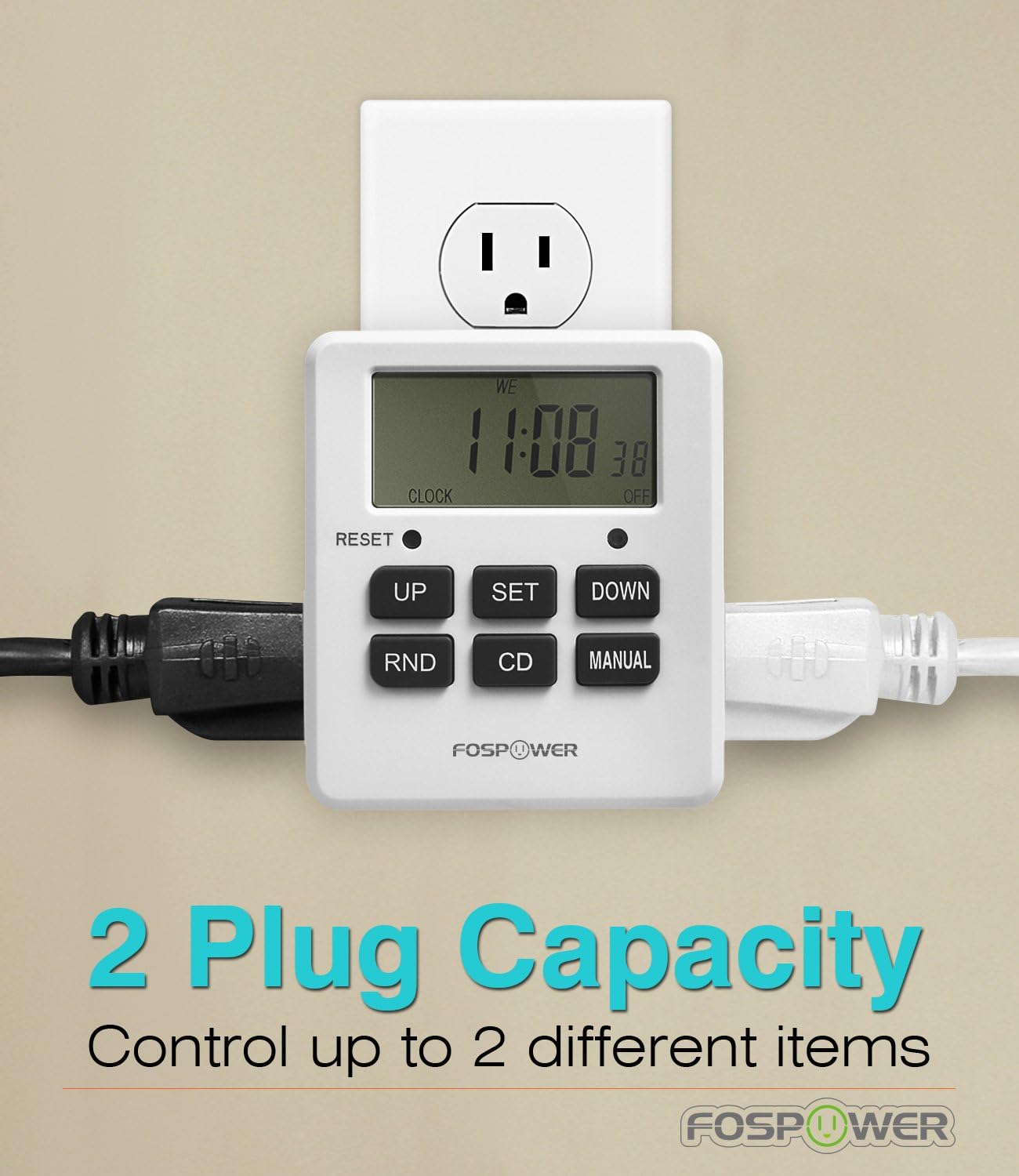 Fospower 7 Day Programmable Digital Timer for Electrical Outlets, Indoor Plug-in Light Timer Switch, Grow Light Timer 125V 15A Electric Wall Timer for Appliance, Lamp, Aquarium, Reptile Lights-2 Pack