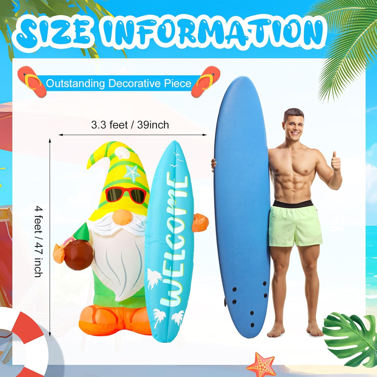 4 ft Summer Inflatables Gnome Outdoor Decorations Lighted Blow up Beach Gnomes with Surfboard Inflatable Summer Blow up Inflatable for Tropical Pool Decor Hawaiian Party Supplies(Hawaiian)