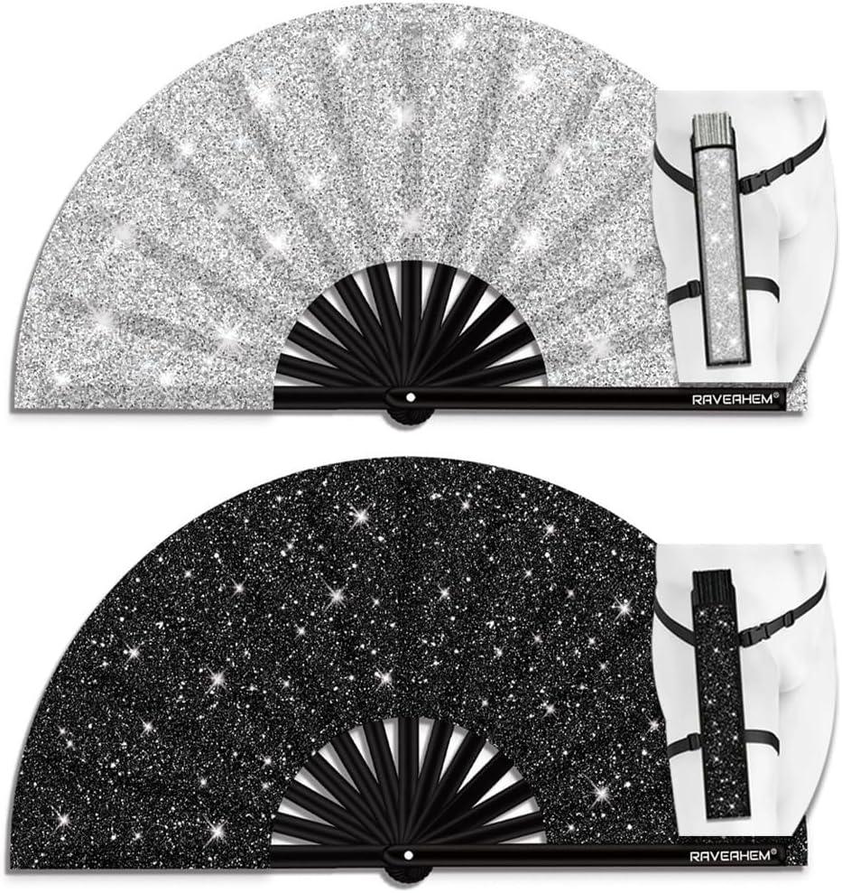 Glitter Large Rave Folding Clack Hand Fan with Holster, Popping Handheld Fan Foldable for Men Women for EDM Festival Club Party Dance, (Silver+black, Large 13")