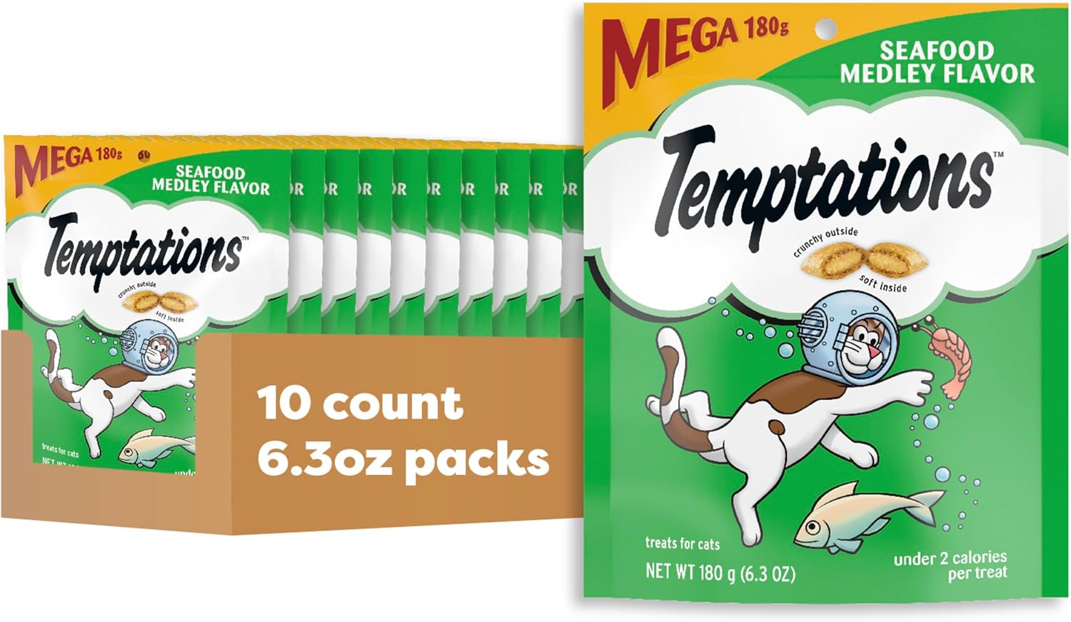 Temptations Cat Treats, Classic Crunchy and Soft Cat Treats, Seafood Medley Flavor, 6.3 oz. Pouch (Pack of 10)