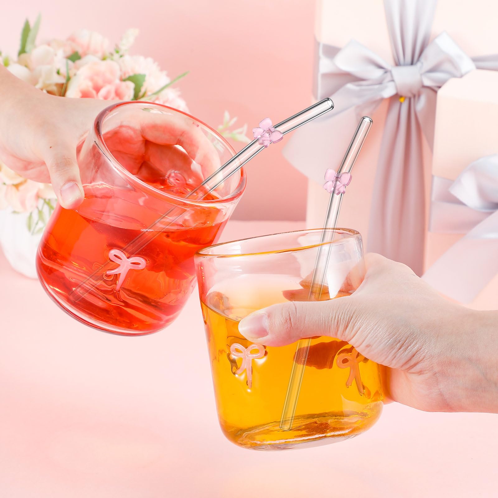 2 Glas Tumbler Mit Deckel & Strohhalm - 500ml Mit Rosa Schleife | Stylische Trinkgläser