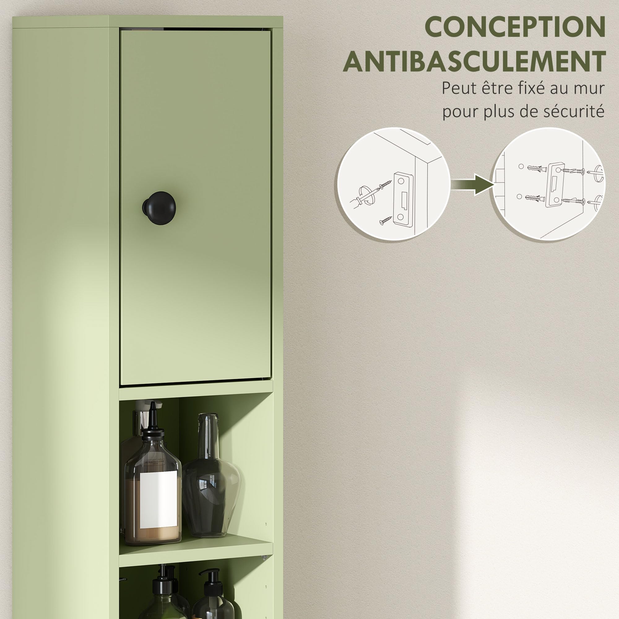 kleankin Armario de baño Alto 180cm, Delgado, 4 estantes Abiertos, Verde