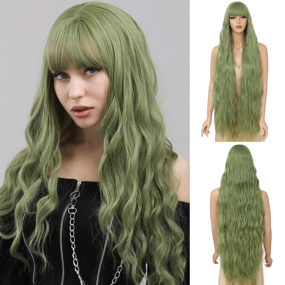 Civrie Long Wavy Wig with Bangs for Women,Wig Long Bangs Wig,Natural Looking Synthetic Heat Resistant Hair (Green13, 40inch)