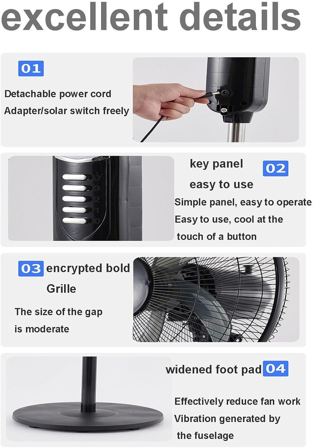 Solar Floor Fan - with Solar Panel, Charging Camping Fan, 5 Blades Large Wind Power & 3 Wind Speed Adjustments, Quiet(Blue)