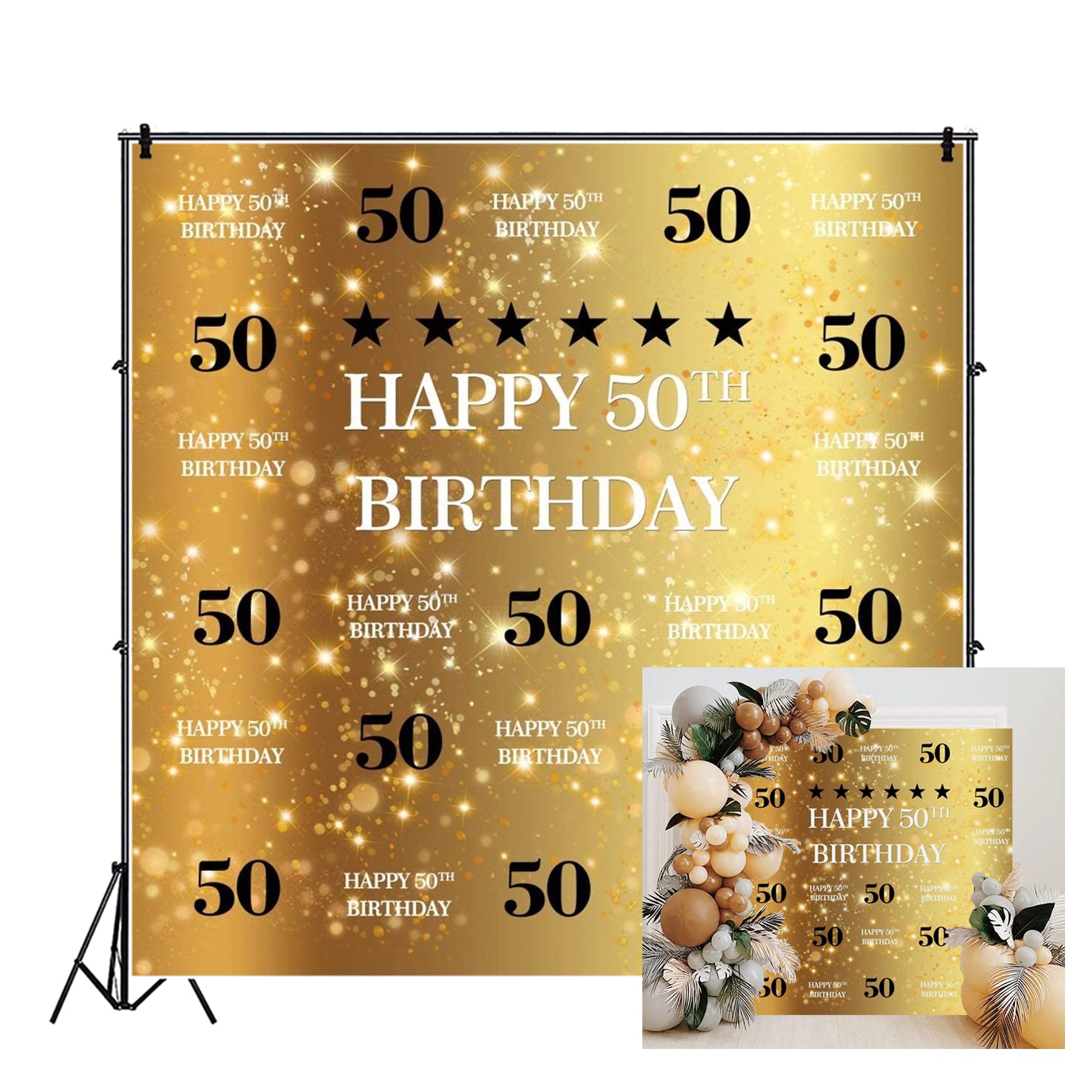 CSFOTO 8x8ft Gold 50 Photo Booth Backdrop Happy 50th Birthday Backdrop Glitter Black Gold Birthday Banner Background 50th Birthday Decorations Men Gold Black 50th Birthday Party Decor Banner