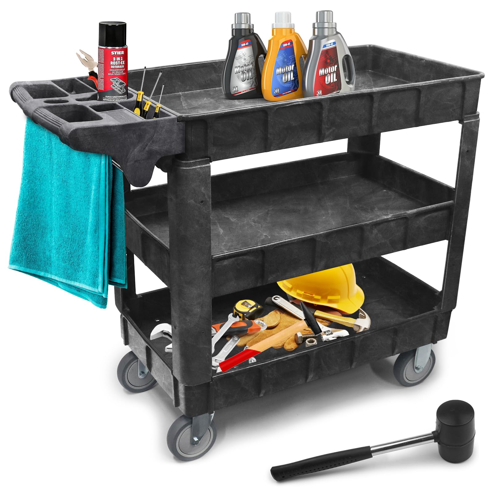 Carrello da officina a 3 ripiani (103×44×85 cm), capacità 250 kg – ripiani regolabili, ruote piroettanti e maniglia con scomparti – mazzuolo in gomma incluso