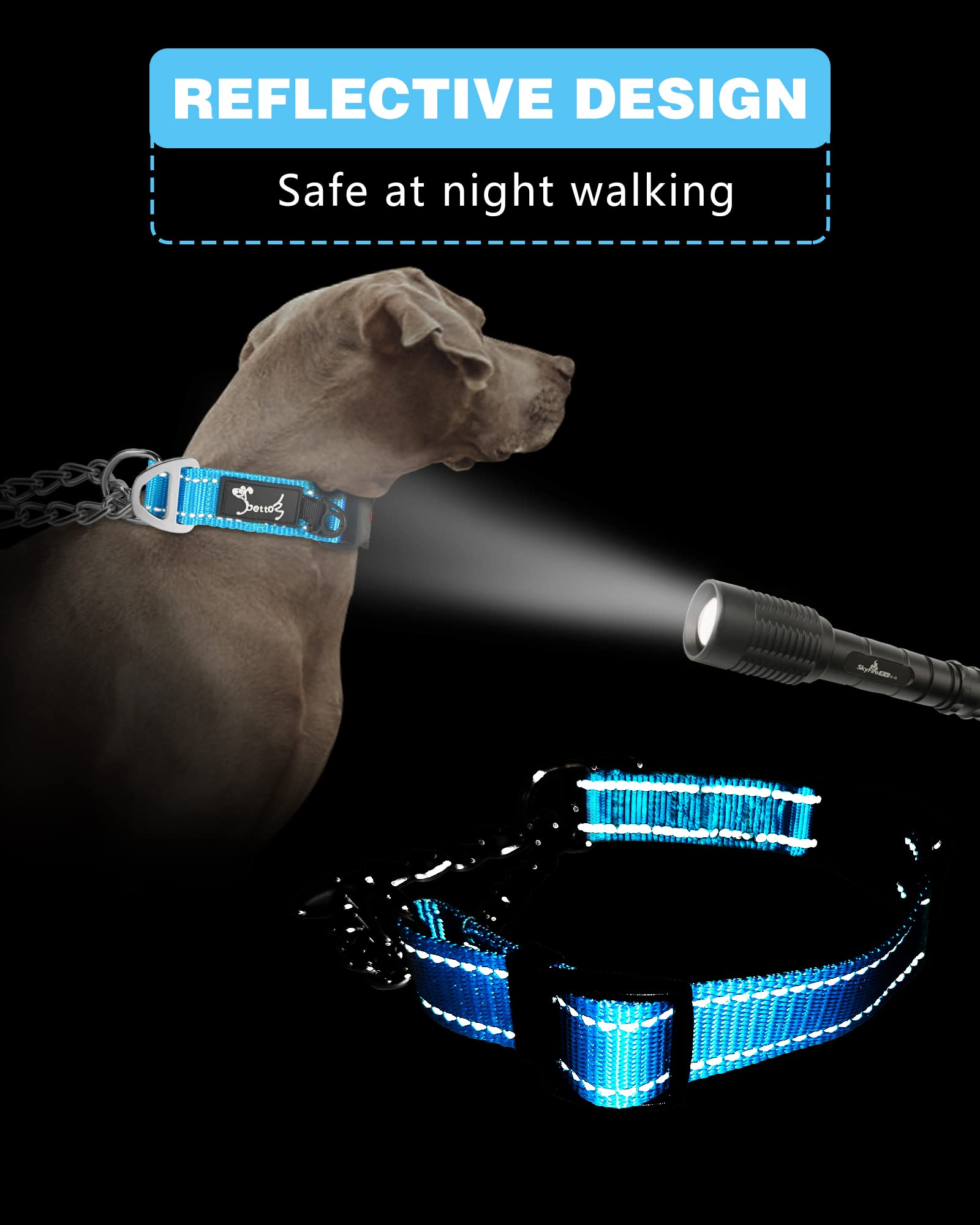 PETTOM Collare Semistrozzo per Cani Cane Addestramento Collari con Catena Regolabile Riflettente Anello di Metallo Nylon Imbottito Fibbia di Sicurezza Martingale Collare per Camminare Allenarsi Blu