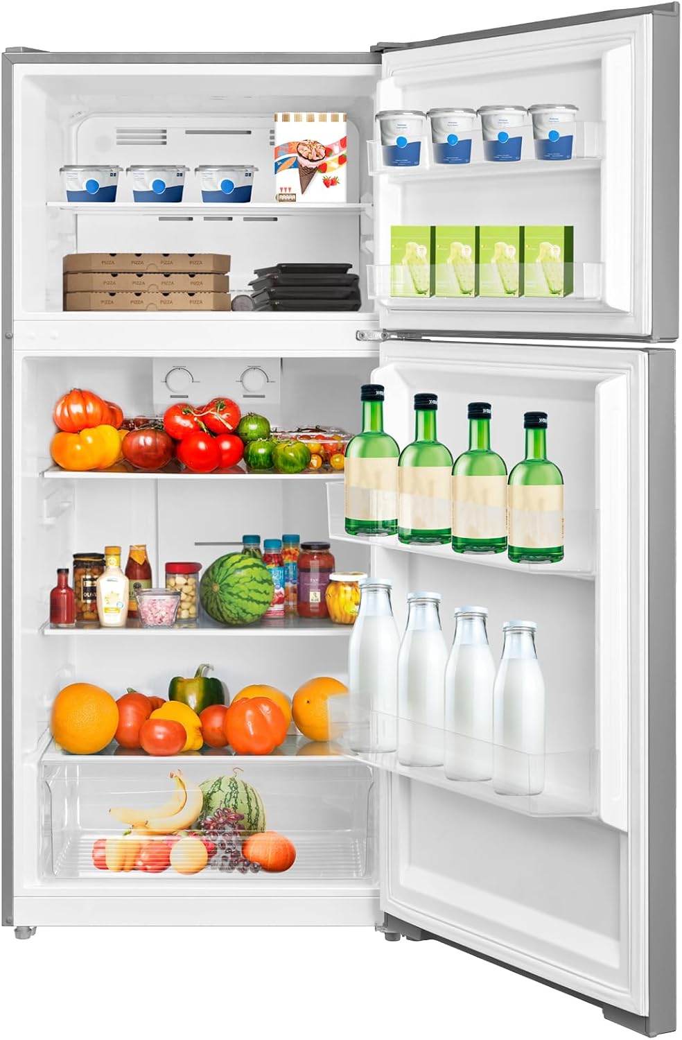 Refrigerator with Freezer, 13.9 Cu Ft Apartment Size Refrigerators, Top Freezer Fridge 28" Reversible Door Adjustable Thermostat, Office, Dorm, Stainless Steel