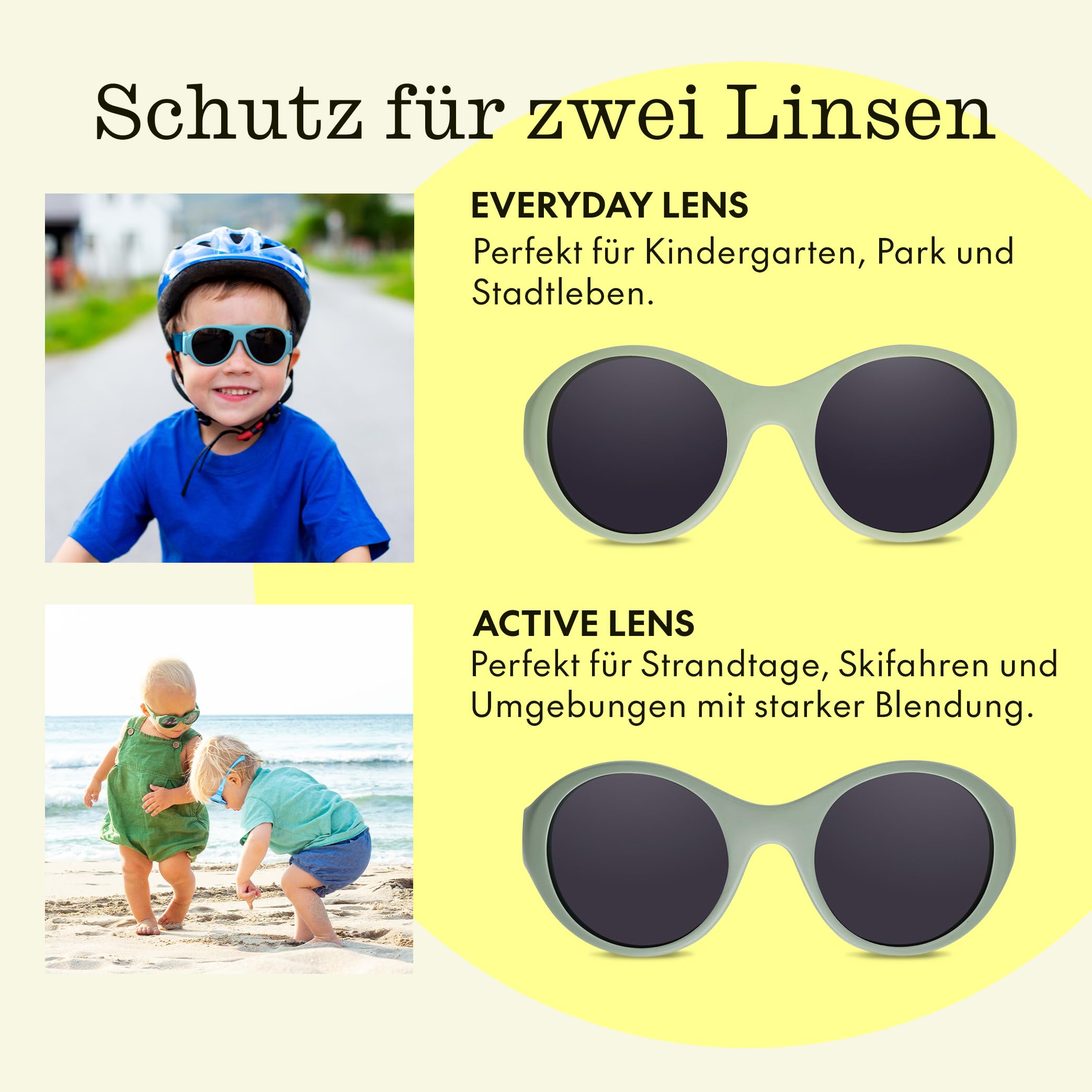 MOKKI 2x Sonnenbrille für 1-5 Jahre, Blaulichtfilter, polarisiert, flexibel, upgraded UV420, Kopfband, größe Gläser, schraubenfrei, weich, für Ski, Strand & Sport, Baby und Kinder, Click & Change