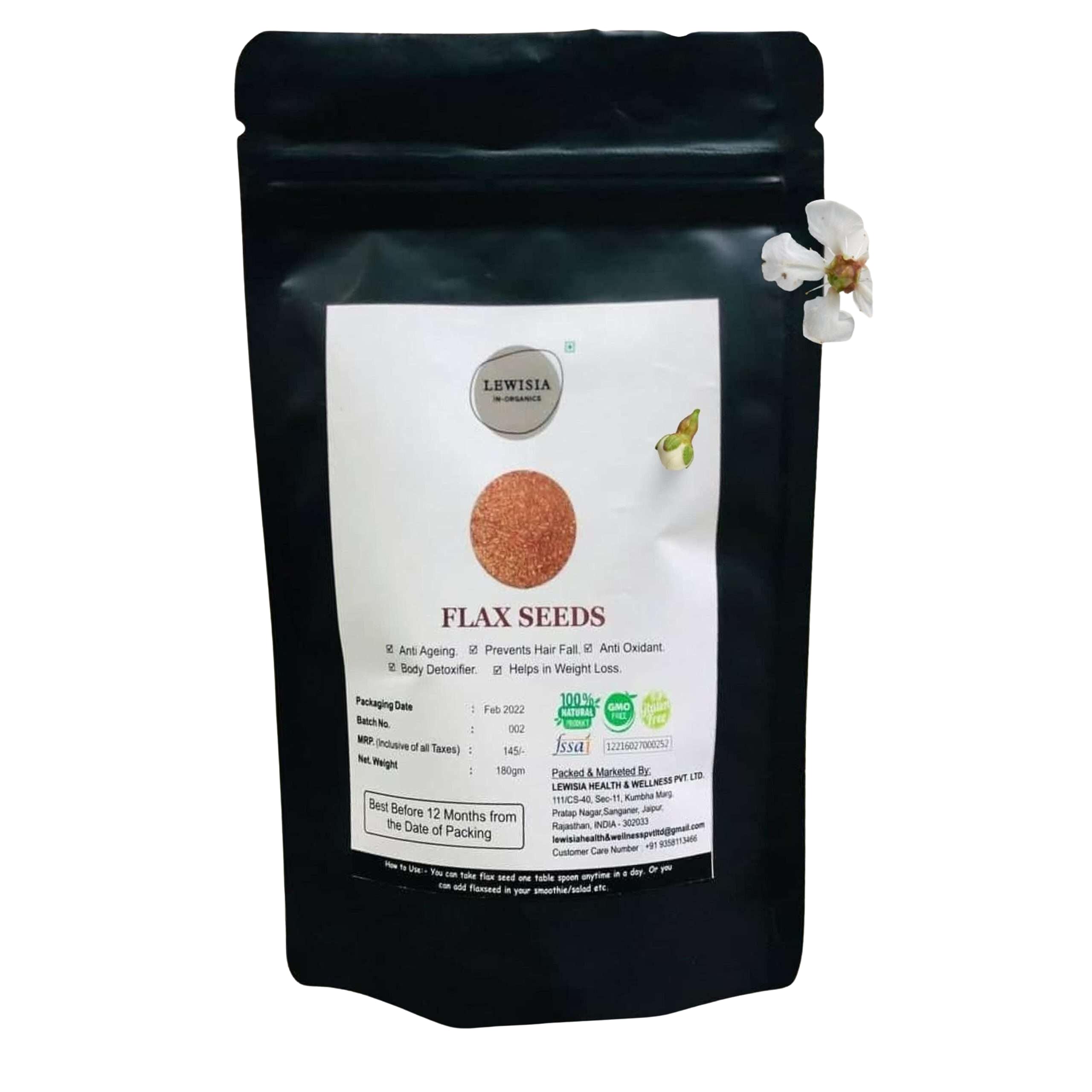 LEWISIA IN ORGANICS Premium Flax Seed 180 Grams Nutrient-Rich, Omega-3, Superfood for Heart Health, Digestive Support & Skin Nourishment or Smoothies, Baking & Daily Wellness Boost High Fiber Content