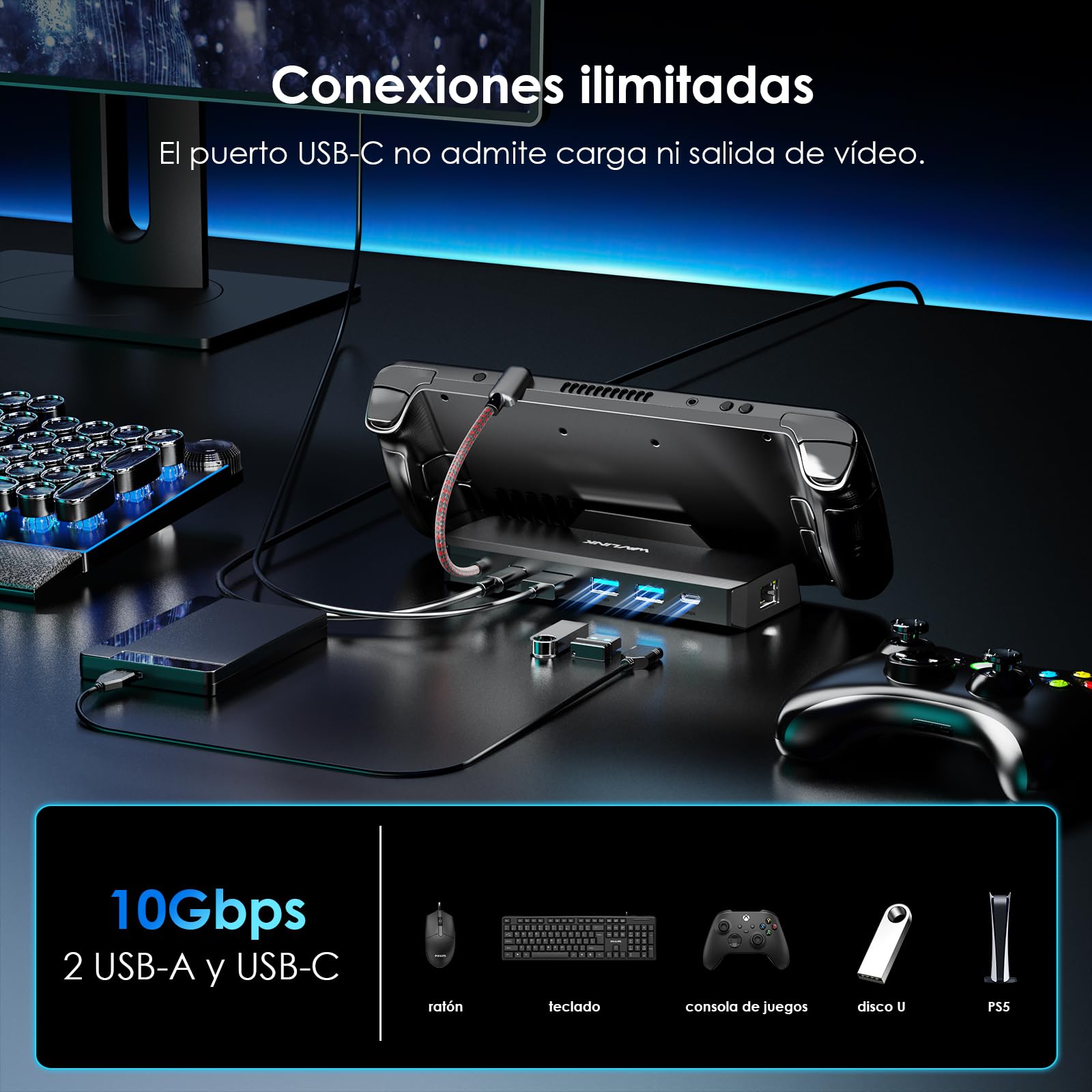 WAVLINK Base para Steam Deck, estación de Acoplamiento 6 en 1 para Steam Deck/ROG Ally con HDMI 2.1 4K a 144 Hz, Entrada PD de 100 W, 3 Puertos USB 3.2 de 10 Gbps y RJ45 Gigabit. | Entrada de 100 W, Gigabit RJ45, 2 × USB-A 10 Gb, 1 × USB-C 10 Gb, compatib
