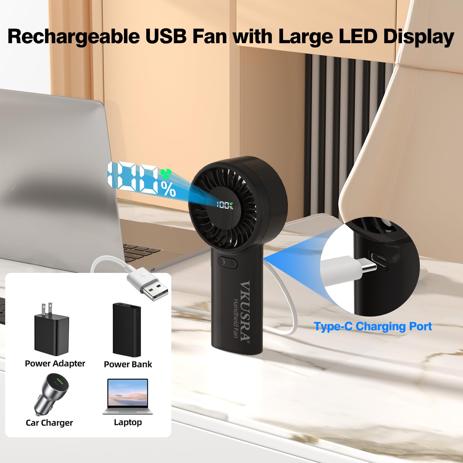 Handventilator 6000mAh Aufladbarer Akku Einstellbare Geschwindigkeitsstufen 1-100% Tragbarer USB Ventilator LED-Display