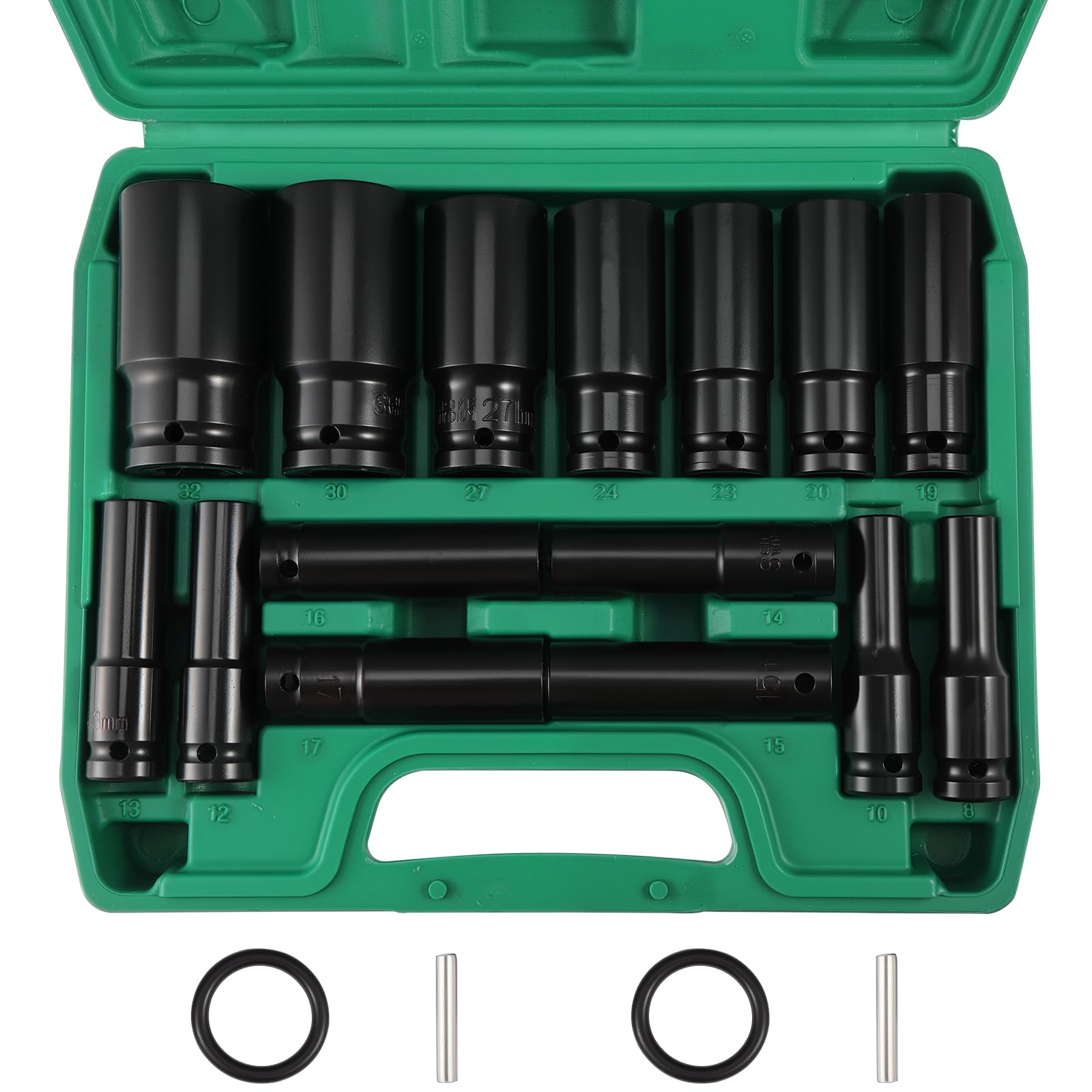 HSEAMALL Set di chiavi a bussola a percussione, attacco da 1/2", in acciaio al cromo vanadio, 8-32 mm, kit di attrezzi professionali per riparazioni automobilistiche, con custodia