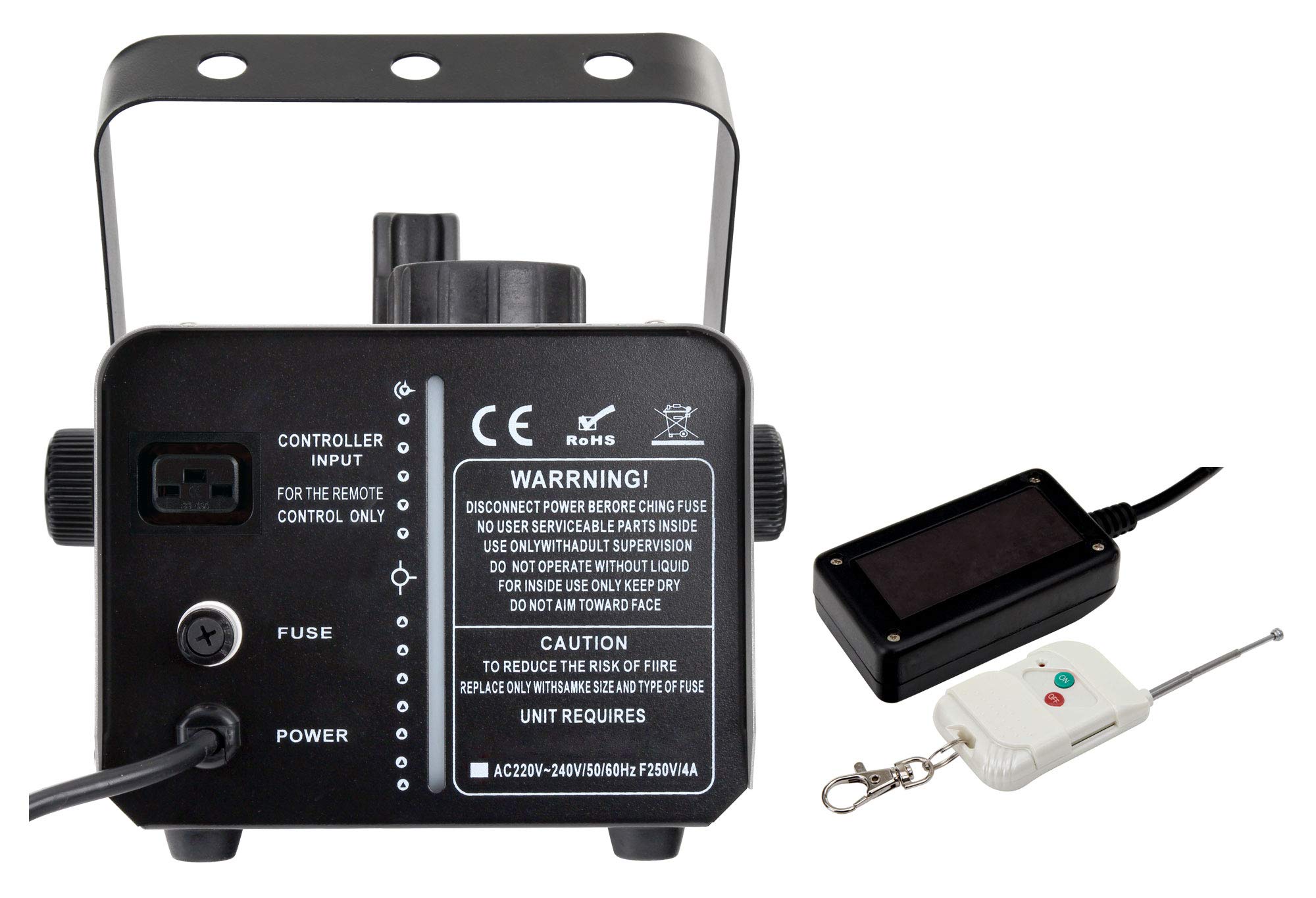 Showlite SM-600 Macchina della Neve 600W con telecomando radio (30 m³/min emissione neve, nessun tempo di riscaldamento, capacità serbatoio: 1 litro, incl. staffa di sospensione) argento