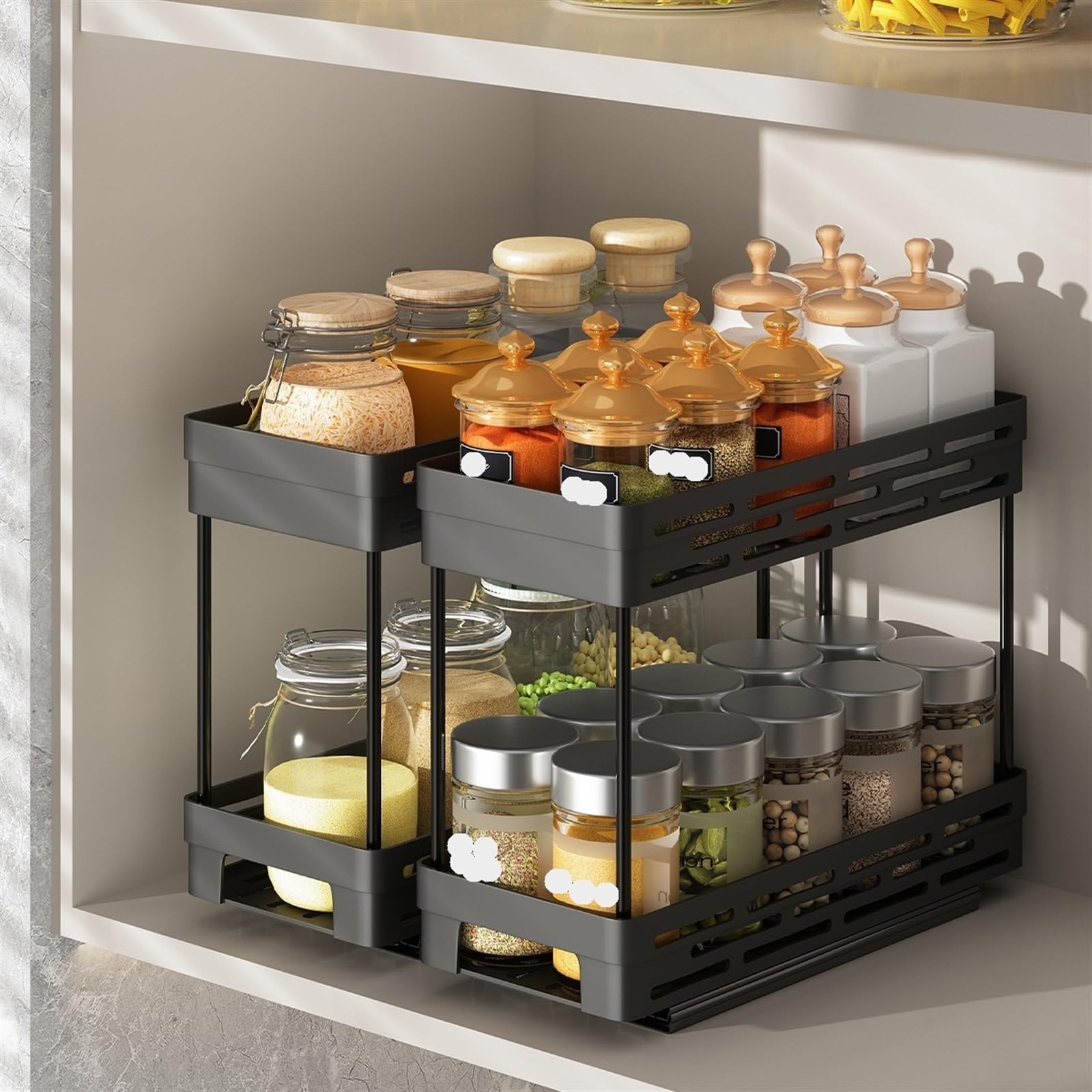 Organizador de especias de doble capa, estante de almacenamiento de plástico duradero para condimentos de cocina, tarros y botellas, solución ideal para especias y condimentos