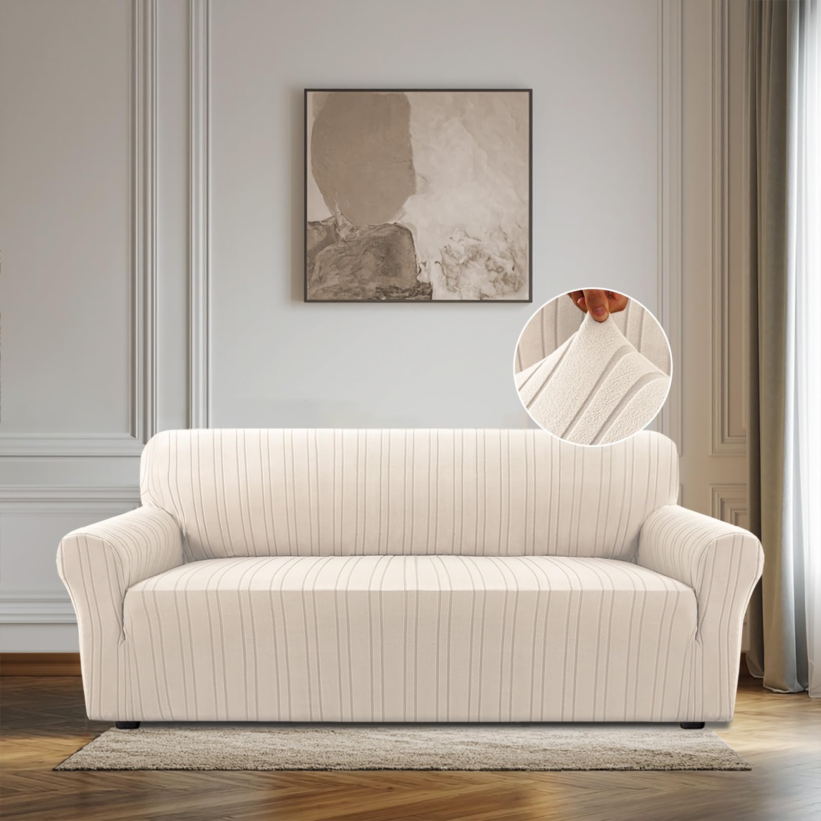 BellaHills Sofa Cover 3 Seater, Adjustable Covers, Elastic Sofa Covers, Anti-Scratch Fabric for Cats, Fit Sofa Covers, 1 Piece, Natural