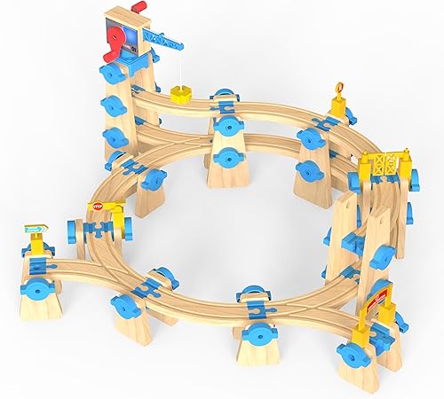 Miniatura 6 de ORBRIUM Build & Play - Juego de 115 piezas de construcción de ferrocarril de madera elevada, paquete de expansión #3 con pistas de tren de madera,