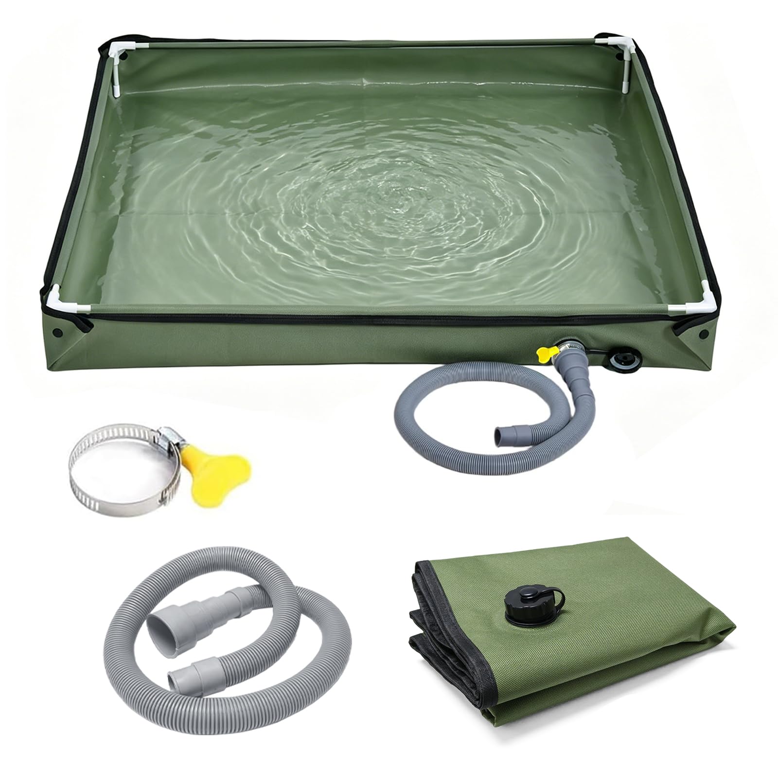 Piatto doccia portatile, pieghevole, per campeggio, con tubo di scarico, 80 x 80 x 10 cm, resistente tessuto Oxford, impermeabile, tenda da sole, da campeggio, per doccia all'aperto (verde militare)