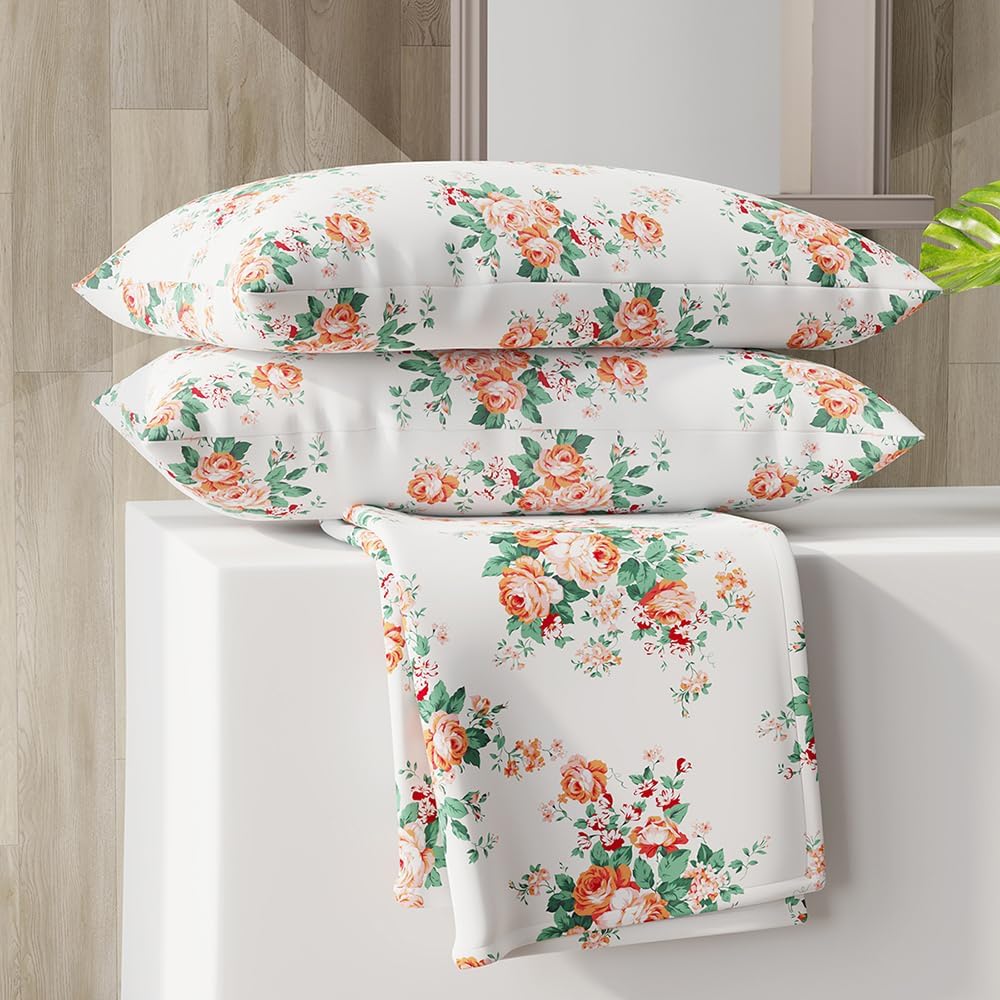 Layers 225TC Cotton Rich Bedsheet for King Size Bed with 2 Pillow Covers, (Orange, Blossom Floral Pattern), Super Soft Bed Sheet King, Highly Durable Bedsheets, All Season Comfort - Zen Collection
