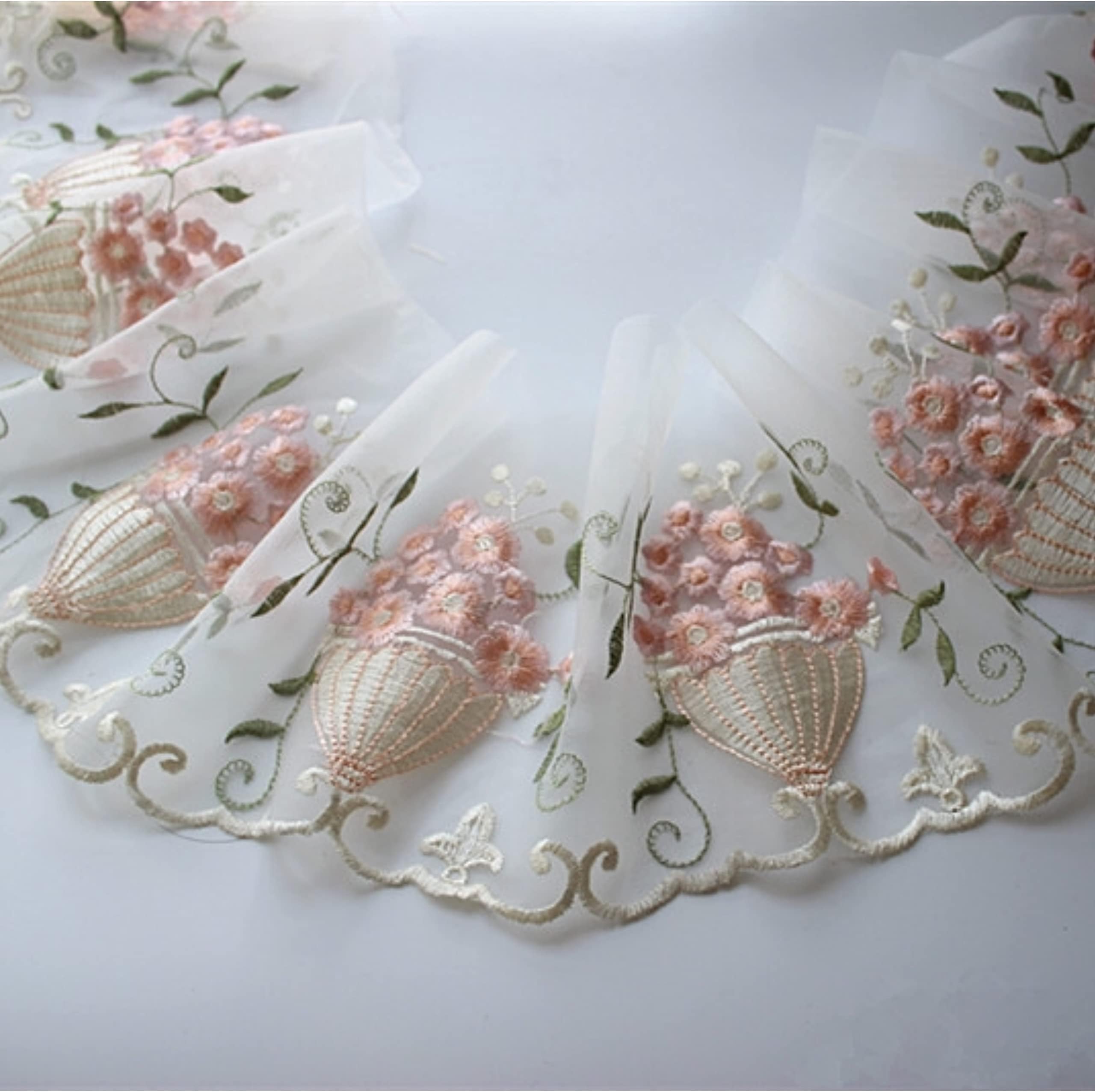 Floral Embroidered Lace Trim Fabric By The Yard - 15.7" Wide, Colorful Flowers On White/Black Mesh