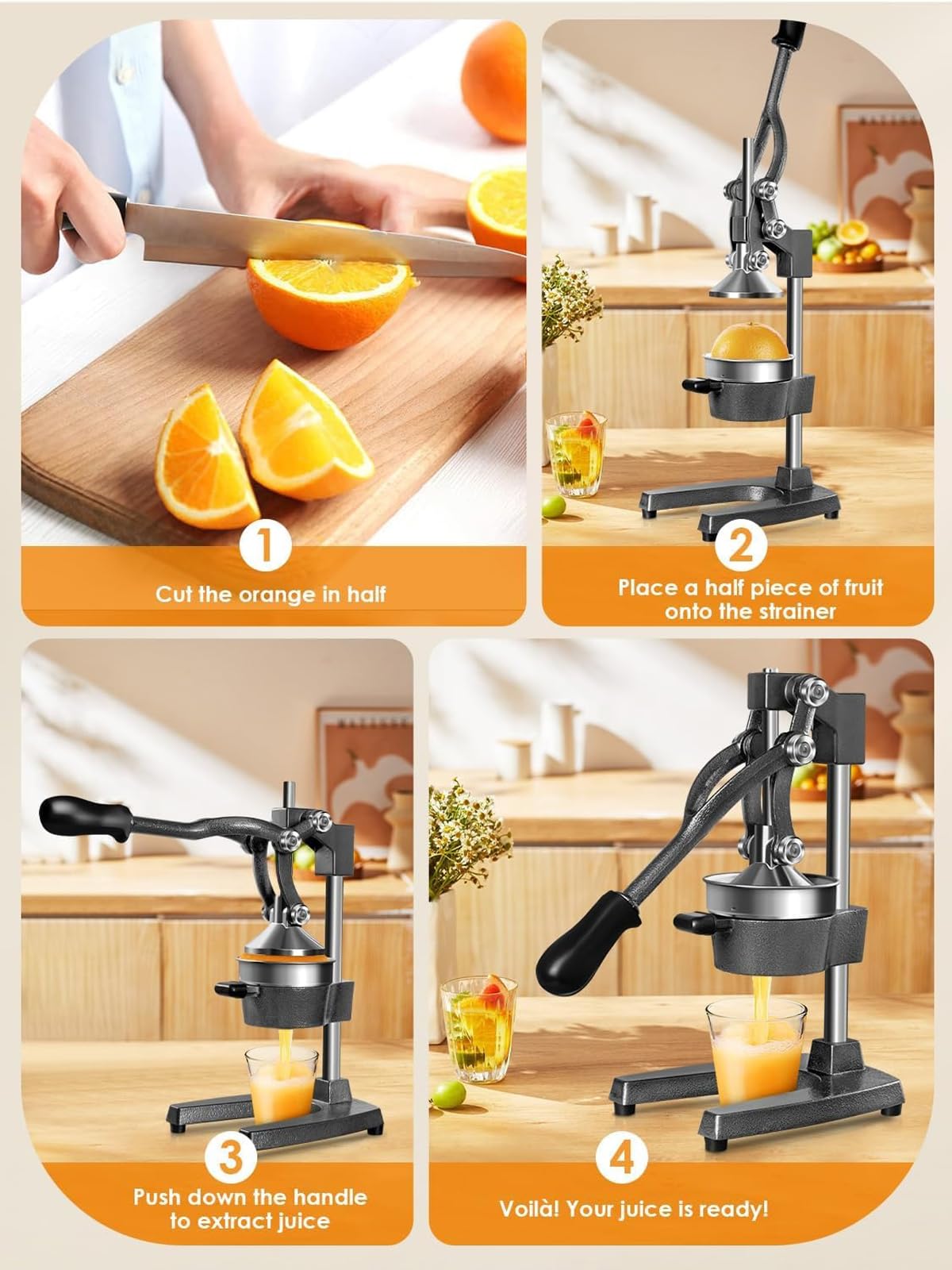 Spremiagrumi manuale, spremiagrumi per mandarini, spremiagrumi professionale, spremiagrumi arancione di grado commerciale, con filtro in acciaio inossidabile 304, adatto per casa, caffè e bar (grigio