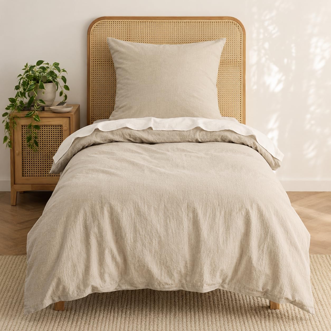 Bettwäsche 135x200 Baumwolle 4teilig Beige Superweiche 100% Vorgewaschene Baumwolle mit Leinenstruktur ÖKO-TEX Bettwäsche 4teilig 2 Bettbezüge 135x200+2 Kissenbezüge 80x80 mit Reißverschluss